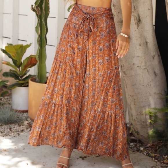 BellanBlue Pants - Boho Orange Paisley Palazzo waist Tie Wide Leg Lounge Pants